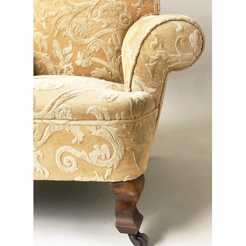 307 - ARMCHAIRS, a pair, Edwardian walnut with yellow and foliate cut velvet. (2)