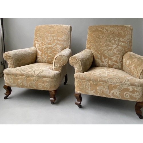 307 - ARMCHAIRS, a pair, Edwardian walnut with yellow and foliate cut velvet. (2)