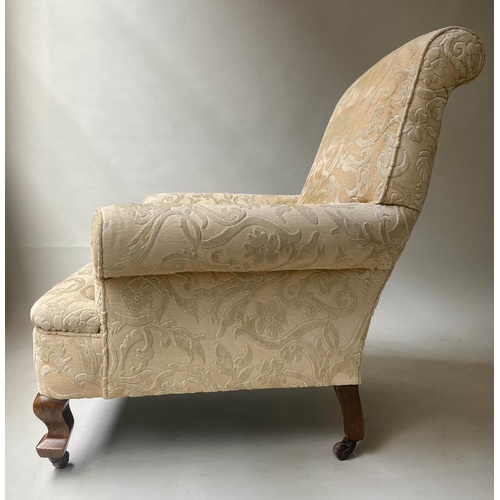 307 - ARMCHAIRS, a pair, Edwardian walnut with yellow and foliate cut velvet. (2)