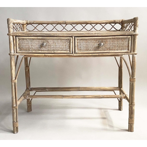 502 - WRITING/SIDE TABLE, Rattan framed wicker panelled and cane bound with gallery and two frieze drawers... 