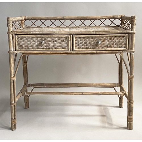 502 - WRITING/SIDE TABLE, Rattan framed wicker panelled and cane bound with gallery and two frieze drawers... 