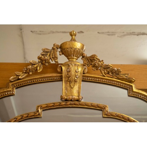 160 - WALL MIRROR, 20th century Continental giltwood with divided plates and an urn crest, 163cm H x 93cm ... 