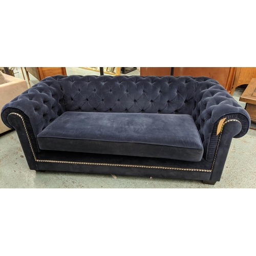 358 - CHESTERFIELD SOFA, blue velvet finish, studded detail, 190cm W.