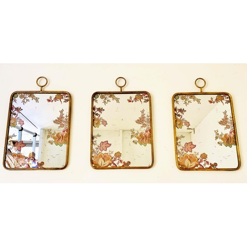 508 - WALL MIRRORS, a set of three, each 64cm H x 40cm W, antiqued plate with printed flower detail. (3)