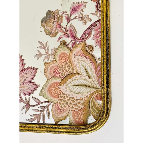 508 - WALL MIRRORS, a set of three, each 64cm H x 40cm W, antiqued plate with printed flower detail. (3)