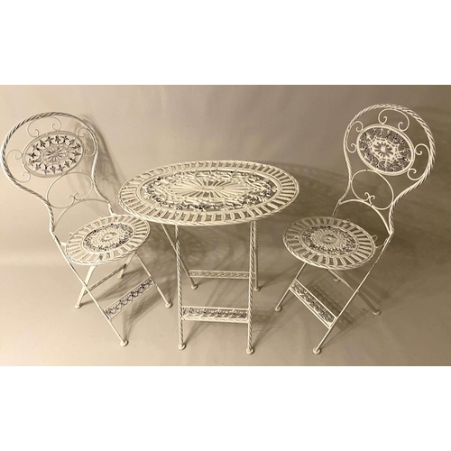 509 - GARDEN DINING SET, including table and two chairs, Regency style, the table, 73cm x 72cm x 54cm. (3)