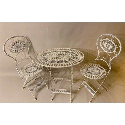 509 - GARDEN DINING SET, including table and two chairs, Regency style, the table, 73cm x 72cm x 54cm. (3)