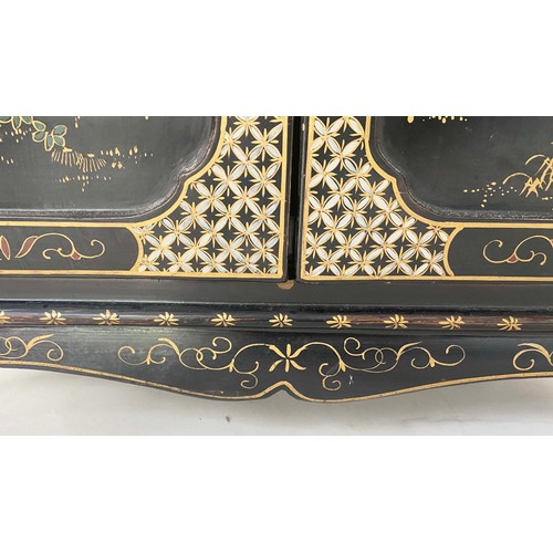 139 - SIDE CABINETS, a pair, Chinese black lacquer and gilt chinoiserie decorated, each with two panelled ... 