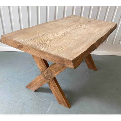 141 - COUNTRY FARMHOUSE TABLE, antique think single plank pine raised upon dual X trestle supports, 158cm ... 