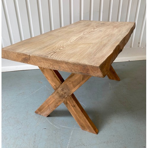 141 - COUNTRY FARMHOUSE TABLE, antique think single plank pine raised upon dual X trestle supports, 158cm ... 