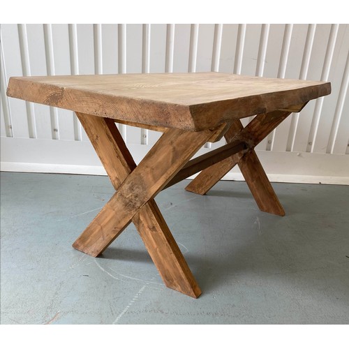 141 - COUNTRY FARMHOUSE TABLE, antique think single plank pine raised upon dual X trestle supports, 158cm ... 