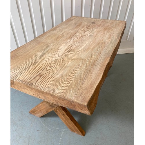 141 - COUNTRY FARMHOUSE TABLE, antique think single plank pine raised upon dual X trestle supports, 158cm ... 