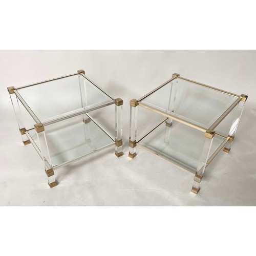 147 - LUCITE LAMP TABLES, a pair, lucite framed and gilt and chromed supports each with two tier bevelled ... 