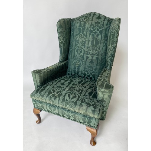 138 - WING ARMCHAIR, Queen Anne style walnut with Royal green brocade style fabric upholstery with cabriol... 