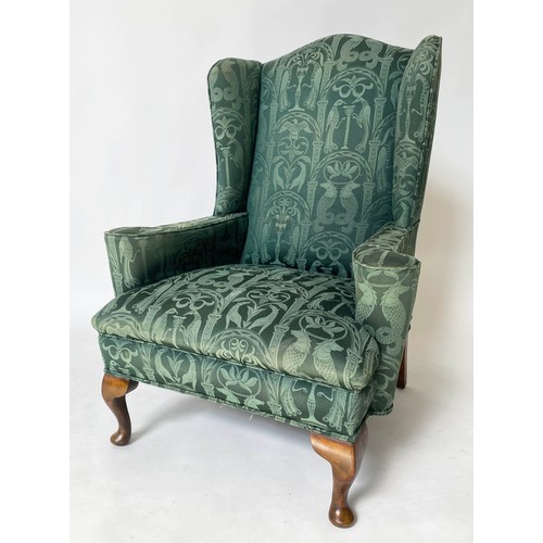 138 - WING ARMCHAIR, Queen Anne style walnut with Royal green brocade style fabric upholstery with cabriol... 