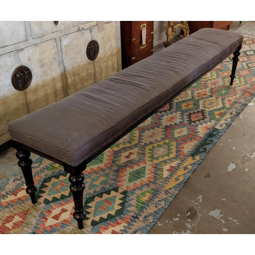 178 - LONG HALL SEAT, part Victorian and grey fabric upholstered, 215cm W.