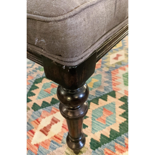 178 - LONG HALL SEAT, part Victorian and grey fabric upholstered, 215cm W.