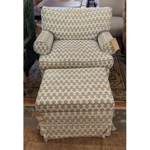 481 - ROCKING CHAIR AND STOOL, blue and white fabric upholstered, 90cm W. (2)