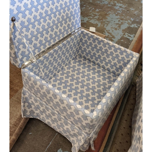 481 - ROCKING CHAIR AND STOOL, blue and white fabric upholstered, 90cm W. (2)