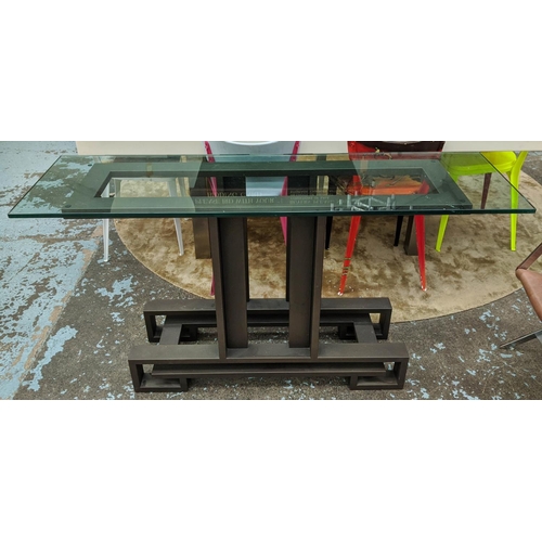 494 - CONSOLE TABLE, contemporary bronzed base, glass top, 77.5cm H x 65cm W x 45 D.