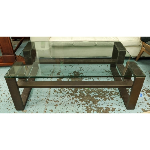 495 - COFFEE TABLE, contemporary bronzed base, glass top, 42cm H x 120cm W x 90cm D.