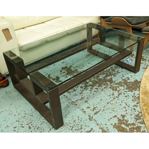 495 - COFFEE TABLE, contemporary bronzed base, glass top, 42cm H x 120cm W x 90cm D.