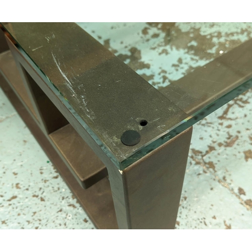 495 - COFFEE TABLE, contemporary bronzed base, glass top, 42cm H x 120cm W x 90cm D.