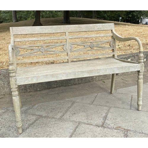 287 - COLONIAL STYLE GARDEN BENCH, weathered teak with carved back, slatted seat and downswept arms, 115cm... 