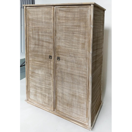 290 - ARMOIRE, bamboo framed and cane bound with wicker panelled doors enclosing full height hanging space... 