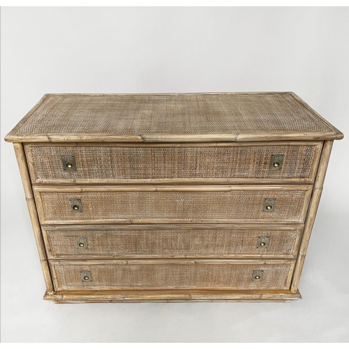 293 - CHEST, bamboo framed and wicker panelled with four long drawers and recessed silvered handles, 105cm... 