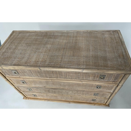 293 - CHEST, bamboo framed and wicker panelled with four long drawers and recessed silvered handles, 105cm... 