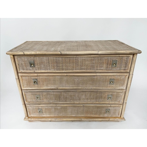 293 - CHEST, bamboo framed and wicker panelled with four long drawers and recessed silvered handles, 105cm... 