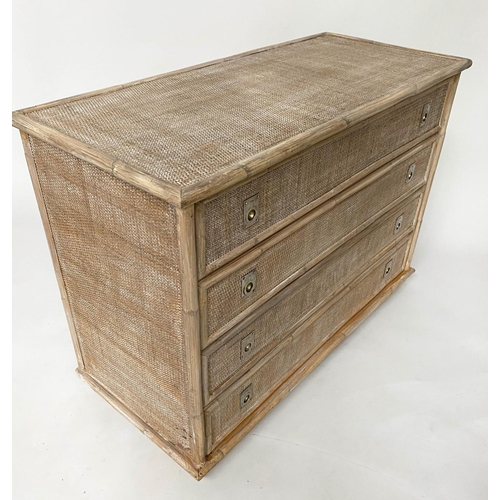 293 - CHEST, bamboo framed and wicker panelled with four long drawers and recessed silvered handles, 105cm... 