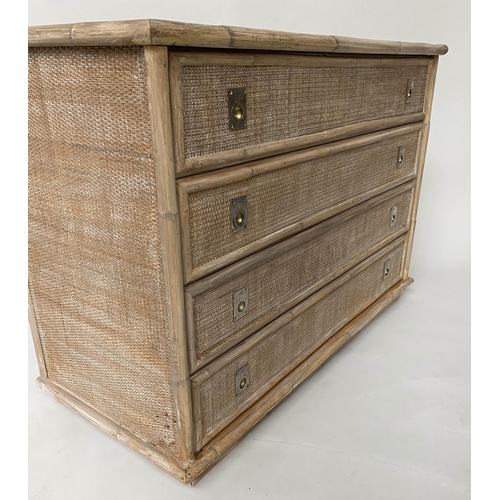 293 - CHEST, bamboo framed and wicker panelled with four long drawers and recessed silvered handles, 105cm... 