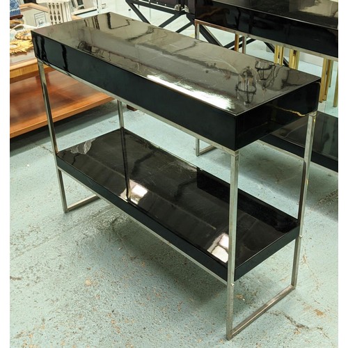 471 - CONSOLE TABLES, a pair, lacquered two tier design, 100cm x 35cm x 80cm. (2)