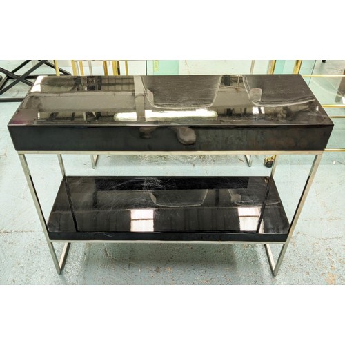 471 - CONSOLE TABLES, a pair, lacquered two tier design, 100cm x 35cm x 80cm. (2)