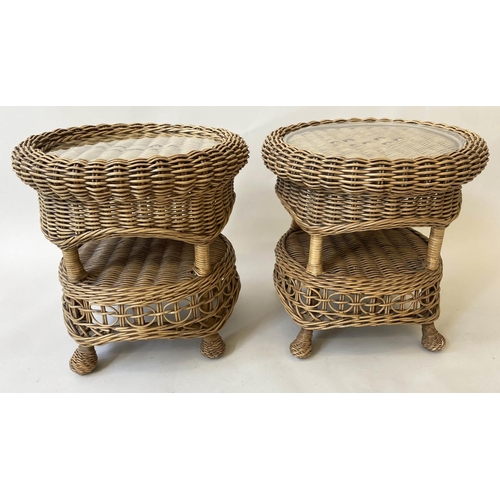13 - LAMP TABLES, a pair, circular rattan framed and cane woven with undertier and glass, 56cm x 56cm H. ... 