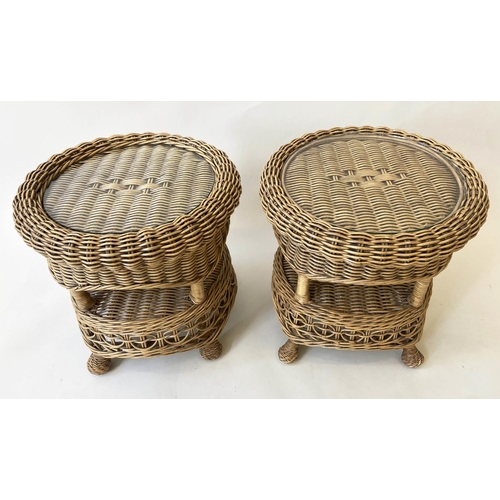 13 - LAMP TABLES, a pair, circular rattan framed and cane woven with undertier and glass, 56cm x 56cm H. ... 