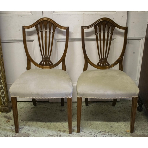 DINING CHAIRS, a set of ten, Georgian style mahogany, with shield backs and light grey seats, 98cm H x 43cm W. (10)