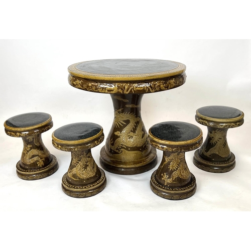 113 - CHINESE 'DRAGON' TABLE AND STOOLS, glazed ceramic, table 76cm H x 81cm x 81cm, and four stools, 42cm... 