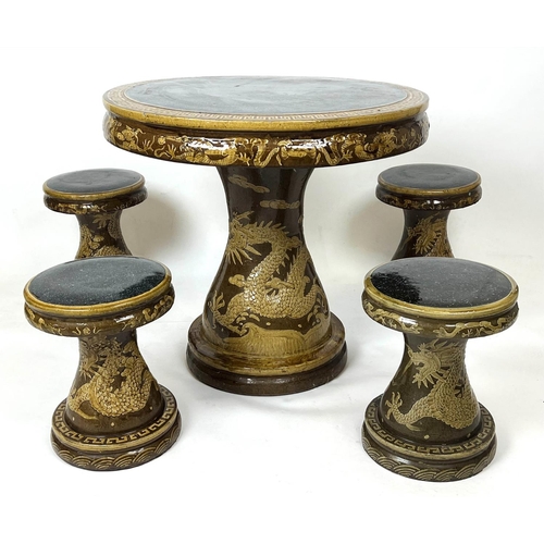 113 - CHINESE 'DRAGON' TABLE AND STOOLS, glazed ceramic, table 76cm H x 81cm x 81cm, and four stools, 42cm... 