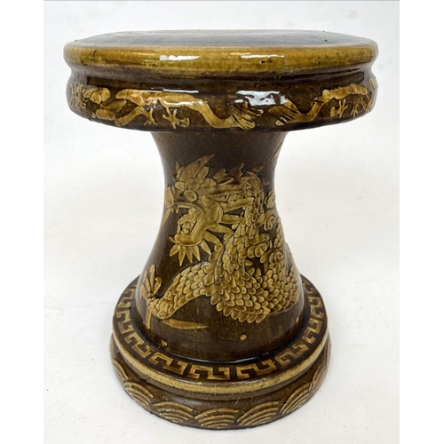 113 - CHINESE 'DRAGON' TABLE AND STOOLS, glazed ceramic, table 76cm H x 81cm x 81cm, and four stools, 42cm... 