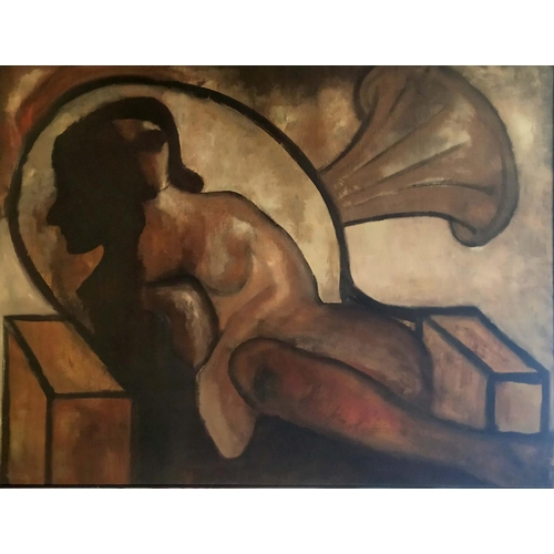 71 - VENTURA (20th century), 'Reclining Girl with Gramaphone', oil on canvas, 117cm x 89cm, signed and fr... 