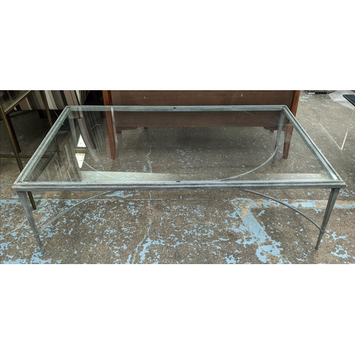 412 - LOW TABLE, grey painted, glass top, 151cm x 90cm x 45cm.