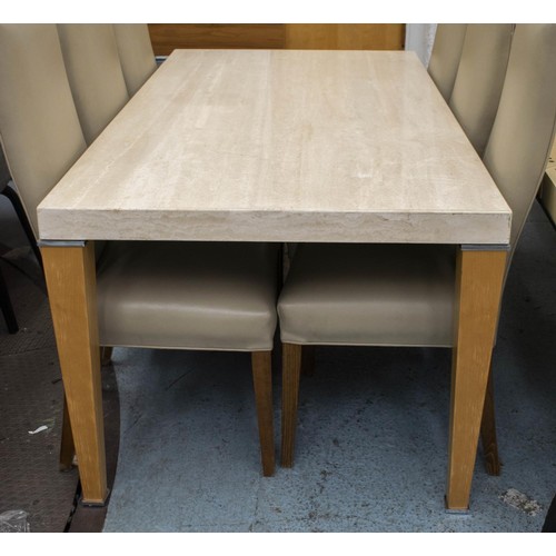 413 - DINING TABLE, travertine top on chrome and oak legs, 74cm x 190cm W x 95cm D.