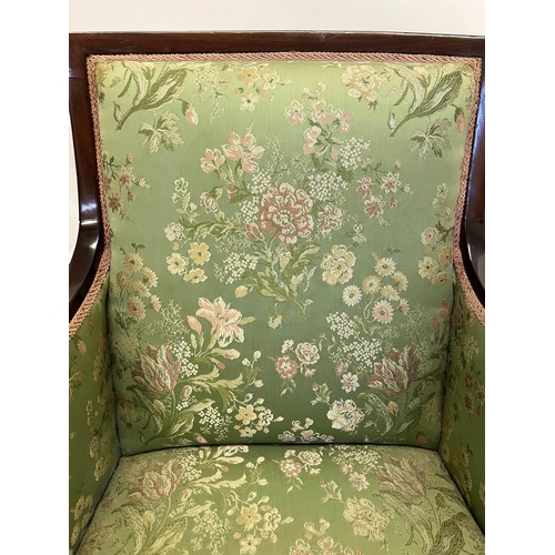 111 - ARMCHAIR, Edwardian mahogany with silk botanical upholstery, 90cm H x 60cm W.