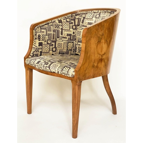 119 - ART DECO ARMCHAIR, figured walnut veneered and solid with bow back and geometric  woven period uphol... 