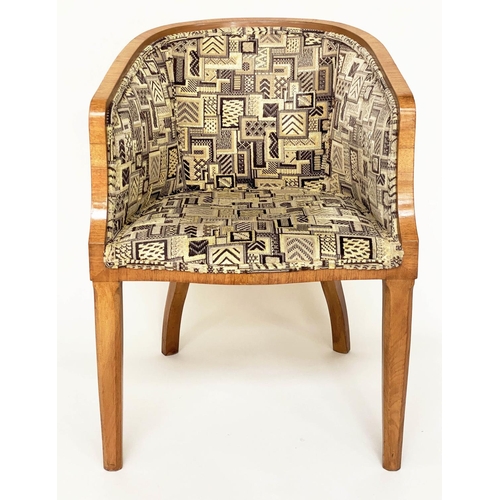 119 - ART DECO ARMCHAIR, figured walnut veneered and solid with bow back and geometric  woven period uphol... 