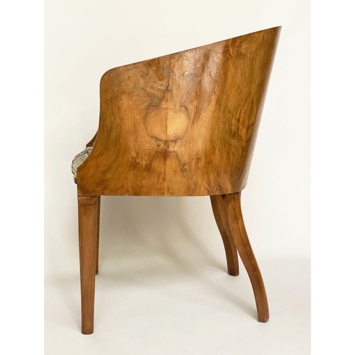 119 - ART DECO ARMCHAIR, figured walnut veneered and solid with bow back and geometric  woven period uphol... 