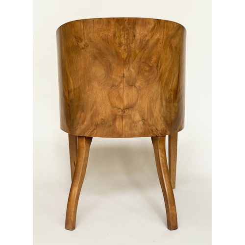 119 - ART DECO ARMCHAIR, figured walnut veneered and solid with bow back and geometric  woven period uphol... 